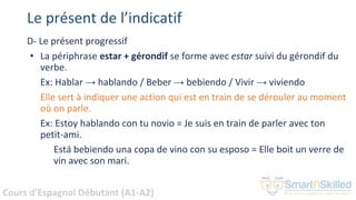 Cours d'Espagnol Débutant (A1-A2)
Le présent de l’indicatif
D- Le présent progressif
• La périphrase estar + gérondif se forme avec estar suivi du gérondif du
verbe.
Ex: Hablar → hablando / Beber → bebiendo / Vivir → viviendo
Elle sert à indiquer une action qui est en train de se dérouler au moment
où on parle.
Ex: Estoy hablando con tu novio = Je suis en train de parler avec ton
petit-ami.
Está bebiendo una copa de vino con su esposo = Elle boit un verre de
vin avec son mari.
 