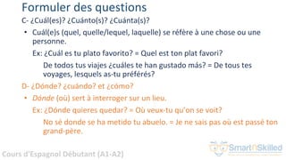 Cours d'Espagnol Débutant (A1-A2)
Formuler des questions
C- ¿Cuál(es)? ¿Cuánto(s)? ¿Cuánta(s)?
• Cuál(e)s (quel, quelle/lequel, laquelle) se réfère à une chose ou une
personne.
Ex: ¿Cuál es tu plato favorito? = Quel est ton plat favori?
De todos tus viajes ¿cuáles te han gustado más? = De tous tes
voyages, lesquels as-tu préférés?
D- ¿Dónde? ¿cuándo? et ¿cómo?
• Dónde (où) sert à interroger sur un lieu.
Ex: ¿Dónde quieres quedar? = Où veux-tu qu’on se voit?
No sé donde se ha metido tu abuelo. = Je ne sais pas où est passé ton
grand-père.
 