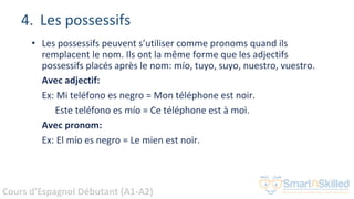 Cours d'Espagnol Débutant (A1-A2)
4. Les possessifs
• Les possessifs peuvent s’utiliser comme pronoms quand ils
remplacent...