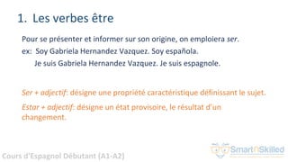 Cours d'Espagnol Débutant (A1-A2)
1. Les verbes être
Pour se présenter et informer sur son origine, on emploiera ser.
ex: ...