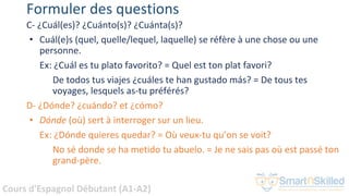 Cours d'Espagnol Débutant (A1-A2)
Formuler des questions
C- ¿Cuál(es)? ¿Cuánto(s)? ¿Cuánta(s)?
• Cuál(e)s (quel, quelle/le...