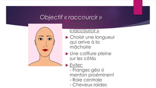 Objectif « raccourcir »
 La coiffure doit
contribuer à
« raccourcir ».
 Choisir une longueur
qui arrive à la
mâchoire
 Une coiffure pleine
sur les côtés
 Eviter:
- Franges géo si
menton proéminent
- Raie centrale
- Cheveux raides
 