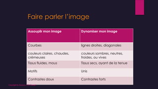 Faire parler l’image
Assouplir mon image Dynamiser mon image
Courbes lignes droites, diagonales
couleurs claires, chaudes,
crémeuses
couleurs sombres, neutres,
froides, ou vives
Tissus fluides, mous Tissus secs, ayant de la tenue
Motifs Unis
Contrastes doux Contrastes forts
Copyright By Sensory / CG Conseil
 