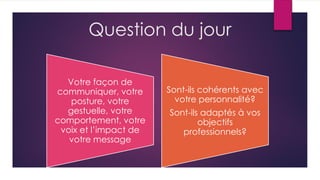 Question du jour
Votre façon de
communiquer, votre
posture, votre
gestuelle, votre
comportement, votre
voix et l’impact de
votre message
Sont-ils cohérents avec
votre personnalité?
Sont-ils adaptés à vos
objectifs
professionnels?
 