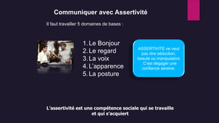 1.Le Bonjour
2.Le regard
3.La voix
4.L’apparence
5.La posture
L’assertivité est une compétence sociale qui se travaille
et qui s’acquiert
Il faut travailler 5 domaines de bases :
Communiquer avec Assertivité
ASSERTIVITE ne veut
pas dire séduction,
beauté ou manipulation
. C’est dégager une
confiance sereine.
 