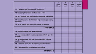 1
Tout à
fait vrai
2
Plutôt
vrai
3
Plutôt
faux
4
Tout à
fait faux
11. J’ai beaucoup de difficultés à dire non
12. Les compliments me mettent mal à l’aise
13. Je n’exprime pas souvent mes besoins et mes désirs
14. Les critiques me déstabilisent et je ne sais pas bien y
répondre
15. Je ne prends pas souvent la parole en groupe
SOUS TOTAL B
16. Parfois je pense que je ne vaux rien
17. Je pense que j’ai beaucoup plus de défauts que de
qualités
18. Je pense que je suis une personne moins valable
que les autres
19. J’aimerais avoir plus de respect pour moi-même
20. J’ai une opinion négative sur moi-même
SOUS TOTAL C
 