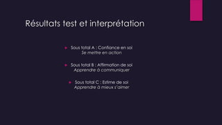 Résultats test et interprétation
 Sous total A : Confiance en soi
Se mettre en action
 Sous total B : Affirmation de soi
Apprendre à communiquer
 Sous total C : Estime de soi
Apprendre à mieux s’aimer
 