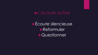 L’écoute active
Écoute silencieuse
Reformuler
Questionner
 