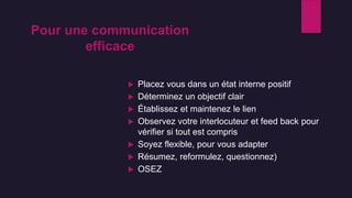  Placez vous dans un état interne positif
 Déterminez un objectif clair
 Établissez et maintenez le lien
 Observez votre interlocuteur et feed back pour
vérifier si tout est compris
 Soyez flexible, pour vous adapter
 Résumez, reformulez, questionnez)
 OSEZ
Pour une communication
efficace
 