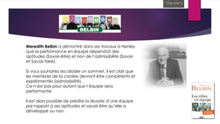 Meredith Belbin a démontré dans ses travaux à Henley
que la performance en équipe dépendait des
aptitudes (Savoir-être) et non de l’admissibilité (Savoir
et Savoir-faire).
Si vous souhaitez escalader un sommet, il est clair que
les membres de la cordée devront être compétents et
expérimentés (admissibilité).
Ce n’est pas pour autant que l’équipe sera
performante.
Il est alors possible de prédire la réussite d’une équipe
par rapport à ses aptitudes et savoir être qu’elle a
développé ou non.
 