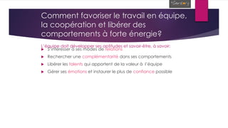 Comment favoriser le travail en équipe,
la coopération et libérer des
comportements à forte énergie?
 S’intéresser à ses modes de relations
 Rechercher une complémentarité dans ses comportements
 Libérer les talents qui apportent de la valeur à l’équipe
 Gérer ses émotions et instaurer le plus de confiance possible
L’équipe doit développer ses aptitudes et savoir-être, à savoir:
 