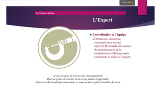 La Méthode Belbin
L’Expert
Contribution à l’équipe
Déterminé, autonome,
concentré vers un seul
objectif. Il possède une source
de connaissances et de
compétences techniques peu
communes et utiles à l’équipe.
Je vais essayer de trouver des renseignements
Dans ce genre de travail, on ne cesse jamais d’apprendre
Choisissez du travail que vous aimez, et vous ne devrez plus travailler de la vie
 
