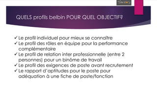 QUELS profils belbin POUR QUEL OBJECTIF?
 Le profil individuel pour mieux se connaître
 Le profil des rôles en équipe pour la performance
complémentaire
 Le profil de relation inter professionnelle (entre 2
personnes) pour un binôme de travail
 Le profil des exigences de poste avant recrutement
 Le rapport d’aptitudes pour le poste pour
adéquation à une fiche de poste/fonction
 