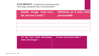 Copyright By Sensory - 2018
Ce que vous aimez davantage
dans votre image ?
Ce que vous aimez moins ?
ETAT PRESENT : évaluation de la situation présente
Votre image correspond t-elle à votre personnalité ?
Quelle image avez-vous
de vous en 3 mots ?
Définissez en 3 mots votre
personnalité
 