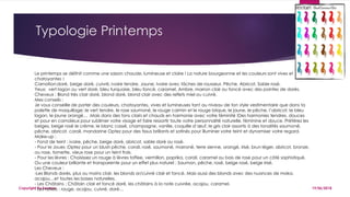 Typologie Printemps
19/06/2018Copyright By Sensory
Le printemps se définit comme une saison chaude, lumineuse et claire ! La nature bourgeonne et les couleurs sont vives et
chatoyantes !
Carnation:doré, beige doré, cuivré, Ivoire tendre, Jaune, Ivoire avec tâches de rousseur, Pêche, Abricot, Sable rosé.
Yeux: vert lagon ou vert doré, bleu turquoise, bleu foncé, caramel, Ambre, marron clair ou foncé avec des pointes de dorés.
Cheveux : Blond très clair doré, blond doré, blond clair avec des reflets miel ou cuivré.
Mes conseils :
Je vous conseille de porter des couleurs, chatoyantes, vives et lumineuses tant au niveau de ton style vestimentaire que dans ta
palette de maquillage: le vert tendre, le rose saumoné, le rouge carmin et le rouge brique, le jaune, le pêche, l’abricot, le bleu
lagon, le jaune orangé… .Mais dans des tons clairs et chauds en harmonie avec votre féminité !Des harmonies tendres, douces
et pour en camaïeux pour sublimer votre visage et faire ressortir toute votre personnalité naturelle, féminine et douce. Préférez les
beiges, beige rosé le crème, le blanc cassé, champagne, vanille, coquille d’œuf, le gris clair assortis à des tonalités saumoné,
pêche, abricot, corail, mandarine Optez pour des tissus brillants et satinés pour illuminer votre teint et dynamiser votre regard.
Make-up :
- Fond de teint : ivoire, pêche, beige doré, abricot, sable doré ou rosé.
- Pour le Joues :Optez pour un blush pêche, corail, rosé, saumoné, marroné, terre sienne, orangé, irisé, brun léger, abricot, bronze,
ou rose, tomette, vieux rose pour un teint frais.
- Pour les lèvres : Choisissez un rouge à lèvres toffee, vermillon, paprika, corail, caramel ou bois de rose pour un côté sophistiqué.
Ou une couleur brillante et transparente pour un effet plus naturel : Saumon, pêche, rosé, beige rosé, beige irisé.
Les Cheveux :
-Les Blonds dorés, plus ou moins clair, les blonds or/cuivré clair et foncé. Mais aussi des blonds avec des nuances de moka,
acajou…et toutes les bases naturelles.
- Les Châtains : Châtain clair et foncé doré, les châtains à la note cuivrée, acajou, caramel.
- Les reflets : rouge, acajou, cuivré, doré…
 