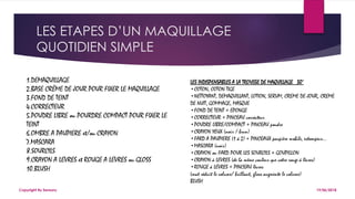 LES ETAPES D’UN MAQUILLAGE
QUOTIDIEN SIMPLE
19/06/2018Copyright By Sensory
1.DEMAQUILLAGE
2.BASE CRÈME DE JOUR POUR FIXER LE MAQUILLAGE
3.FOND DE TEINT
4.CORRECTEUR
5.POUDRE LIBRE ou POURDRE COMPACT POUR FIXER LE
TEINT
6.OMBRE A PAUPIERE et/ou CRAYON
7.MASCARA
8.SOURCILS
9.CRAYON A LEVRES et ROUGE A LEVRES ou GLOSS
10.BLUSH
LES INDISPENSABLES A LA TROUSSE DE MAQUILLAGE 30’
•COTON, COTON TIGE
•NETTOYANT, DEMAQUILLANT, LOTION, SERUM, CREME DE JOUR, CREME
DE NUIT, GOMMAGE, MASQUE
•FOND DE TEINT + EPONGE
•CORRECTEUR + PINCEAU correcteur
•POUDRE LIBRE/COMPACT + PINCEAU poudre
•CRAYON YEUX (noir / brun)
•FARD A PAUPIERE (1 à 2) + PINCEAUX paupière mobile, estompeur…
•MASCARA (noir)
•CRAYON ou FARD POUR LES SOURCILS + GOUPILLON
•CRAYON à LEVRES (de la même couleur que votre rouge à lèvres)
•ROUGE à LEVRES + PINCEAU lèvres
(mat réduit le volume/ brillant, gloss augmente le volume)
BLUSH
 