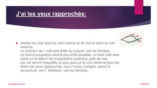 J’ai les yeux rapprochés:
 Mettre du clair dans le coin interne et du foncé dans le coin
externe.
Le contour de l’ oeil sera étiré au crayon vers les tempes.
Le fard à paupières sera le plus étiré possible, un fard clair sera
posé sur le début de la paupière supérieur, près du nez.
Les cils seront maquillés un peu plus sur le coin externe pour les
étirer.Les yeux rapprochés, vous l’aurez compris, seront à
accentuer vers l’ extérieur, vers les tempes.
19/06/2018Copyright By Sensory
 