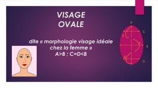 VISAGE
OVALE
dite « morphologie visage idéale
chez la femme »
A>B ; C=D<B
A
B
C
D
E
F
G
 