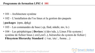 Formation LPIC 1 : Junior Level Linux Professional
• 101 – Architecture système
• 102 – L’installation du l’os linux et la gestion des paquets
| packages (rpm, dpkg)
• 103 – Les commandes de base ( cp, find, mkdir, mv, ls )
• 104 – Les périphérique | Devices ) (/dev/sda..), Linux File systems |
système de fichier linux ( ext2,ext3..), hiérarchie du system de fichier |
Filesystem Hierarchy Standard ( /var, /etc/ , /home…)
Programme de formation LPIC-1 101
 