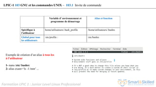 Formation LPIC 1 : Junior Level Linux Professional
Exemple de création d’un alias à tous les
à l’utilisateur
1- nano /etc/ bashrc
2- alias exam=‘ls –l /mnt’ ...
LPIC-1 103 GNU et les commandes UNIX – 103.1 Invite de commande
Variable d’ environnement et
programme de démarrage
Alias et fonction
Spécifique à
l’utilisateur
home/utilisateurx/.bash_profile /home/utilisateurx/.bashrc
Global pour tous
les utilisateurs
/etc/profile : /etc/bashrc
 