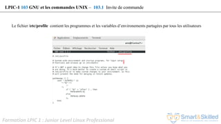 Formation LPIC 1 : Junior Level Linux Professional
LPIC-1 103 GNU et les commandes UNIX – 103.1 Invite de commande
Le fichier /etc/profile contient les programmes et les variables d’environements partagées par tous les utilisateurs
 