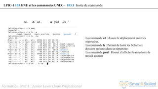 Formation LPIC 1 : Junior Level Linux Professional
cd . & cd .. & pwd , cd /
LPIC-1 103 GNU et les commandes UNIX – 103.1 Invite de commande
La commande cd : Assure le déplacement entre les
répertoires.
La commande ls : Permet de lister les fichiers et
dossiers présents dans un répertoire.
La commande pwd : Permet d’afficher le répertoire de
travail courant
 