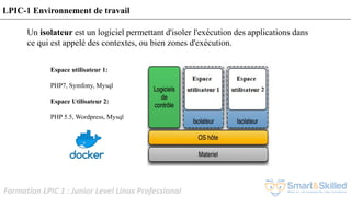 Formation LPIC 1 : Junior Level Linux Professional
LPIC-1 Environnement de travail
Un isolateur est un logiciel permettant d'isoler l'exécution des applications dans
ce qui est appelé des contextes, ou bien zones d'exécution.
Espace utilisateur 1:
PHP7, Symfony, Mysql
Espace Utilisateur 2:
PHP 5.5, Wordpress, Mysql
 
