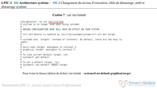 Formation LPIC 1 : Junior Level Linux Professional
Centos 7 : cat /etc/inittab
Pour éviter la fausse édition du fichier /etc/inittab : systemctl set-default graphical.target
LPIC-1 101 Architecture système – 101.3 Changement du niveau d’exécution, cible de démarrage, arrêt et
démarrage système
 