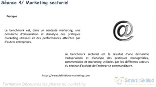 Formation Découvrez les phares du marketing
Séance 4/ Marketing sectoriel
Le benchmark sectoriel est le résultat d’une démarche
d’observation et d’analyse des pratiques managériales,
commerciales et marketing utilisées par les différents acteurs
du secteur d’activité de l’entreprise commanditaire.
Le benchmark est, dans un contexte marketing, une
démarche d’observation et d’analyse des pratiques
marketing utilisées et des performances atteintes par
d’autres entreprises.
https://www.definitions-marketing.com
Pratique
 