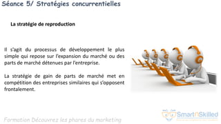 Formation Découvrez les phares du marketing
Séance 5/ Stratégies concurrentielles
Il s’agit du processus de développement le plus
simple qui repose sur l’expansion du marché ou des
parts de marché détenues par l’entreprise.
La stratégie de gain de parts de marché met en
compétition des entreprises similaires qui s’opposent
frontalement.
La stratégie de reproduction
 