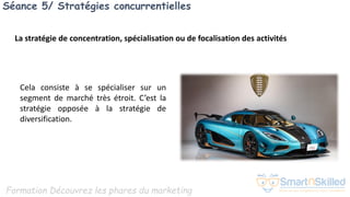 Formation Découvrez les phares du marketing
Séance 5/ Stratégies concurrentielles
Cela consiste à se spécialiser sur un
segment de marché très étroit. C’est la
stratégie opposée à la stratégie de
diversification.
La stratégie de concentration, spécialisation ou de focalisation des activités
 