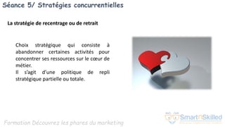 Formation Découvrez les phares du marketing
Séance 5/ Stratégies concurrentielles
Choix stratégique qui consiste à
abandonner certaines activités pour
concentrer ses ressources sur le cœur de
métier.
Il s’agit d’une politique de repli
stratégique partielle ou totale.
La stratégie de recentrage ou de retrait
 
