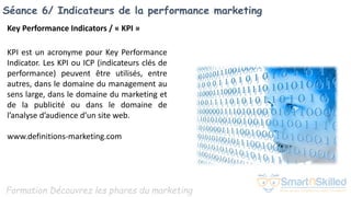 Formation Découvrez les phares du marketing
Séance 6/ Indicateurs de la performance marketing
Key Performance Indicators / « KPI »
KPI est un acronyme pour Key Performance
Indicator. Les KPI ou ICP (indicateurs clés de
performance) peuvent être utilisés, entre
autres, dans le domaine du management au
sens large, dans le domaine du marketing et
de la publicité ou dans le domaine de
l’analyse d’audience d’un site web.
www.definitions-marketing.com
 