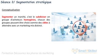 Formation Découvrez les phares du marketing
Séance 2/ Segmentation stratégique
Segmenter un marché, c'est le subdiviser en
groupe d'acheteurs homogènes, chacun des
groupes pouvant être choisi comme des cibles à
atteindre avec un marketing mix distinct.
Conceptualisation
 