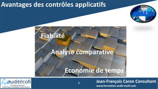 Avantages des contrôles applicatifs
6 Jean-François Caron Consultant
www.formation-audit-ecofi.com
Fiabilité
Analyse comparative
Economie de temps
 