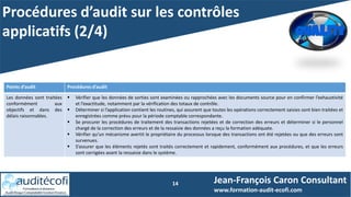 Procédures d’audit sur les contrôles
applicatifs (2/4)
14 Jean-François Caron Consultant
www.formation-audit-ecofi.com
Points d’audit Procédures d’audit
Les données sont traitées
conformément aux
objectifs et dans des
délais raisonnables.
 Vérifier que les données de sorties sont examinées ou rapprochées avec les documents source pour en confirmer l’exhaustivité
et l’exactitude, notamment par la vérification des totaux de contrôle.
 Déterminer si l’application contient les routines, qui assurent que toutes les opérations correctement saisies sont bien traitées et
enregistrées comme prévu pour la période comptable correspondante.
 Se procurer les procédures de traitement des transactions rejetées et de correction des erreurs et déterminer si le personnel
chargé de la correction des erreurs et de la ressaisie des données a reçu la formation adéquate.
 Vérifier qu’un mécanisme avertit le propriétaire du processus lorsque des transactions ont été rejetées ou que des erreurs sont
survenues.
 S’assurer que les éléments rejetés sont traités correctement et rapidement, conformément aux procédures, et que les erreurs
sont corrigées avant la ressaisie dans le système.
 