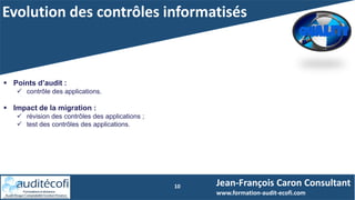 Evolution des contrôles informatisés
10 Jean-François Caron Consultant
www.formation-audit-ecofi.com
 Points d’audit :
 contrôle des applications.
 Impact de la migration :
 révision des contrôles des applications ;
 test des contrôles des applications.
 