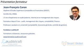 Présentation formateur
Jean-François Caron
Diplômé d’Etudes Supérieurs Comptables et Financières (DESCF).
Certifié CIA, CRMA.
17 ans d’expérience en audit (externe, interne) et en management des risques.
Formateur depuis 9 ans : audit, management des risques, comptabilité, finance.
Professeur vacataire en université (comptabilité, économie générale, contrôle de gestion).
Fondateur auditécofi
Formations à distances, ressources gratuites.
www.formation-audit-ecofi.com
 