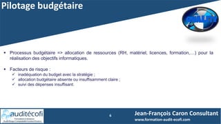 Pilotage budgétaire
6
 Processus budgétaire => allocation de ressources (RH, matériel, licences, formation,…) pour la
réalisation des objectifs informatiques.
 Facteurs de risque :
 inadéquation du budget avec la stratégie ;
 allocation budgétaire absente ou insuffisamment claire ;
 suivi des dépenses insuffisant.
Jean-François Caron Consultant
www.formation-audit-ecofi.com
 