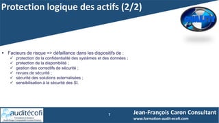 Protection logique des actifs (2/2)
7
 Facteurs de risque => défaillance dans les dispositifs de :
 protection de la confidentialité des systèmes et des données ;
 protection de la disponibilité ;
 gestion des correctifs de sécurité ;
 revues de sécurité ;
 sécurité des solutions externalisées ;
 sensibilisation à la sécurité des SI.
Jean-François Caron Consultant
www.formation-audit-ecofi.com
 