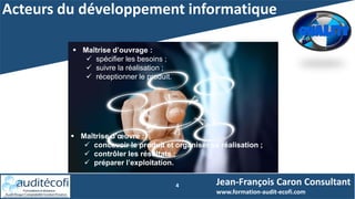 Acteurs du développement informatique
4
 Maîtrise d’ouvrage :
 spécifier les besoins ;
 suivre la réalisation ;
 réceptionner le produit.
Jean-François Caron Consultant
www.formation-audit-ecofi.com
 Maîtrise d’œuvre :
 concevoir le produit et organiser sa réalisation ;
 contrôler les résultats ;
 préparer l’exploitation.
 