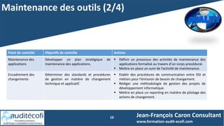 Maintenance des outils (2/4)
10 Jean-François Caron Consultant
www.formation-audit-ecofi.com
Point de contrôle Objectifs de contrôle Actions
Maintenance des
applications
Développer un plan stratégique de
maintenance des applications.
 Définir un processus des activités de maintenance des
applications formalisé au travers d’un corps procédural.
 Mettre en place un suivi de l’activité de maintenance.
Encadrement des
changements
Déterminer des standards et procédures
de gestion en matière de changement
technique et applicatif.
 Etablir des procédures de communication entre DSI et
métiers pour l’émission de besoin de changement.
 Rédiger une méthodologie de gestion des projets de
développement informatique.
 Mettre en place un reporting en matière de pilotage des
actions de changement.
 