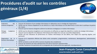 Procédures d’audit sur les contrôles
généraux (1/4)
5 Jean-François Caron Consultant
www.formation-audit-ecofi.com
Points d’audit Procédures d’audit
Implication des
instances dirigeantes
 S’assurer de l’existence d’une stratégie informatique en adéquation avec la stratégie de l’organisation.
 Vérifier que les niveaux d’appétence et de tolérance au risque informatique ont été déterminés et actés dans la politique de gestion
des risques.
 S’assurer que les instances dirigeants arbitrent les décisions stratégiques en matière informatique.
Pilotage budgétaire
suffisant
 Vérifier que les allocations budgétaires sont nécessaires et suffisantes au regard des objectifs en matière de stratégie informatique.
 S’assurer que les objectifs et les dépenses informatiques font l’objet d’un suivi par une entité indépendante.
 Vérifier que des indicateurs de performance en matière informatique ont été définis, font l’objet d’un reporting régulier, sont
pertinents.
Organisation de la
fonction informatique
 S’assurer de la séparation effective des tâches entre conception, programmation, maintenance, développement, administration,
utilisateurs.
 Vérifier qu’existe au sein de la DSI un process de gestion des compétences.
 S’assurer de l’existence de relais opérationnels entre DSI et Directions opérationnelles.
 Contrôler l’existence et la pertinence de la cartographie des SI (exhaustivité des applicatifs, interdépendance).
 