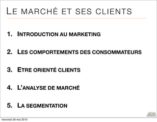 LE MARCHÉ ET SES CLIENTS

    1. INTRODUCTION AU MARKETING

    2. LES COMPORTEMENTS DES CONSOMMATEURS

    3. ETRE ORIENTÉ CLIENTS

    4. L’ANALYSE DE MARCHÉ

    5. LA SEGMENTATION
mercredi 26 mai 2010
 
