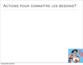 ACTIONS             POUR CONNAÎTRE LES BESOINS?




mercredi 26 mai 2010
 