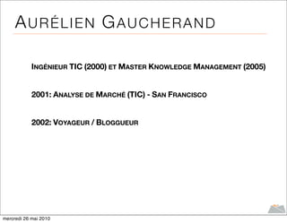 AURÉLIEN GAUCHERAND

            INGÉNIEUR TIC (2000) ET MASTER KNOWLEDGE MANAGEMENT (2005)


            2001: ANALYSE DE MARCHÉ (TIC) - SAN FRANCISCO


            2002: VOYAGEUR / BLOGGUEUR




mercredi 26 mai 2010
 
