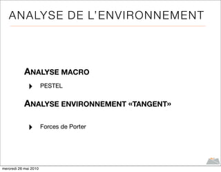 A NA LYS E DE L’E NV IR ONNE ME NT



            ANALYSE MACRO
              ‣        PESTEL


            ANALYSE ENVIRONNEMENT «TANGENT»

              ‣        Forces de Porter




mercredi 26 mai 2010
 