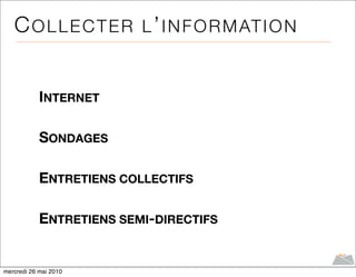 C O L L E C T E R L ’ I N F O R M AT I O N


            INTERNET

            SONDAGES

            ENTRETIENS COLLECTIFS

            ENTRETIENS SEMI-DIRECTIFS


mercredi 26 mai 2010
 