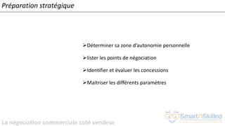 La négociation commerciale coté vendeur
➢Déterminer sa zone d’autonomie personnelle
➢lister les points de négociation
➢Identifier et évaluer les concessions
➢Maitriser les différents paramètres
Préparation stratégique
 