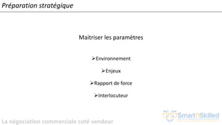 La négociation commerciale coté vendeur
Maitriser les paramètres
➢Environnement
➢Enjeux
➢Rapport de force
➢Interlocuteur
Préparation stratégique
 